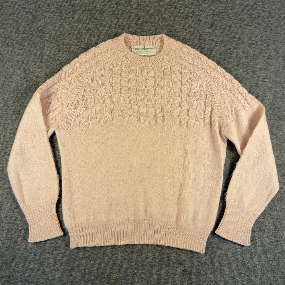 Peruvian Connection Sweater Womens M Pink Alpaca Cable Knit Crew Pullover Fuzzy